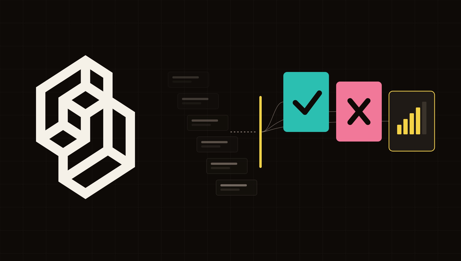 Знак TypeSafe AI: поток постов проходит отбор и превращается в три вердикта, да, нет и оценку